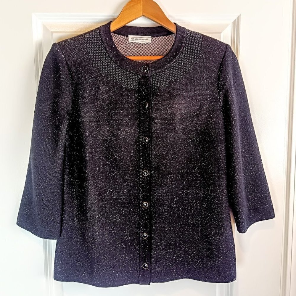 St. John Sport Black Beaded Knit Wool Blend Cardigan